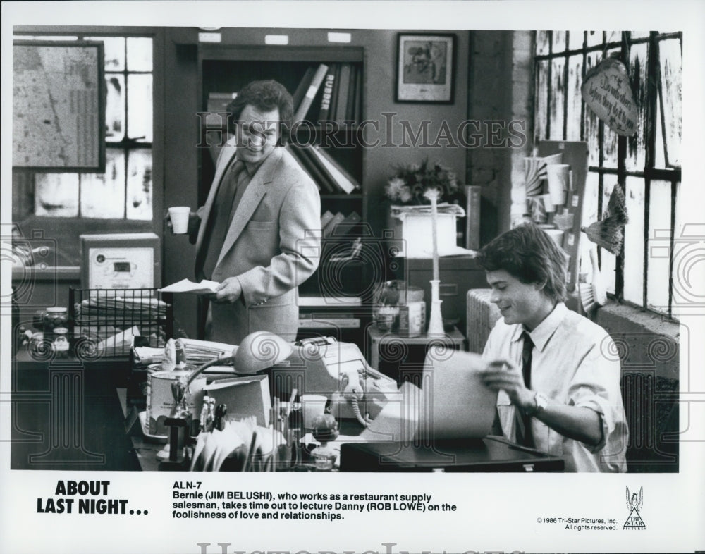 1986 Press Photo  "About Last Night" Jim Belushi, Rob Lowe - Historic Images