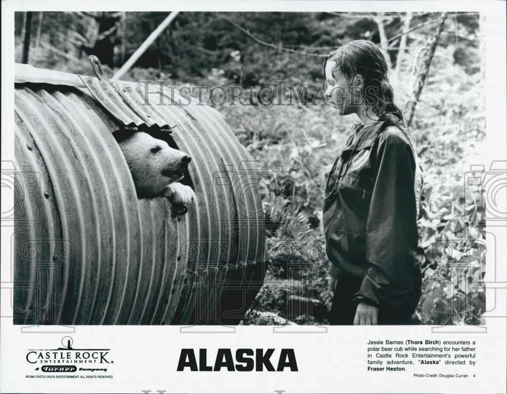 1996 Press Photo Actress Thora Birch with Polar Bear Cub in "Alaska" Film - Historic Images