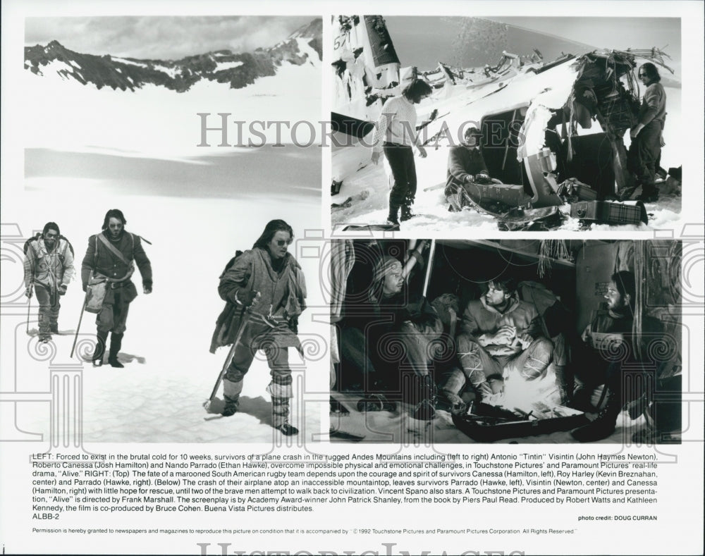 1993 Press Photo Actor Ethan Hawke, Vincent Spano, Josh Hamilton in "Alive" Film - Historic Images