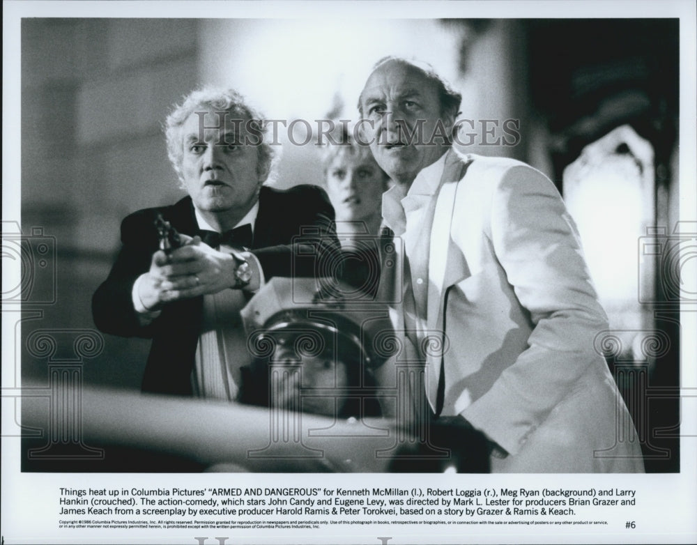 1986 Press Photo &quot;Armed and Dangerous&quot; Robert Loggia, Meg Ryan,Kenneth McMillan - Historic Images