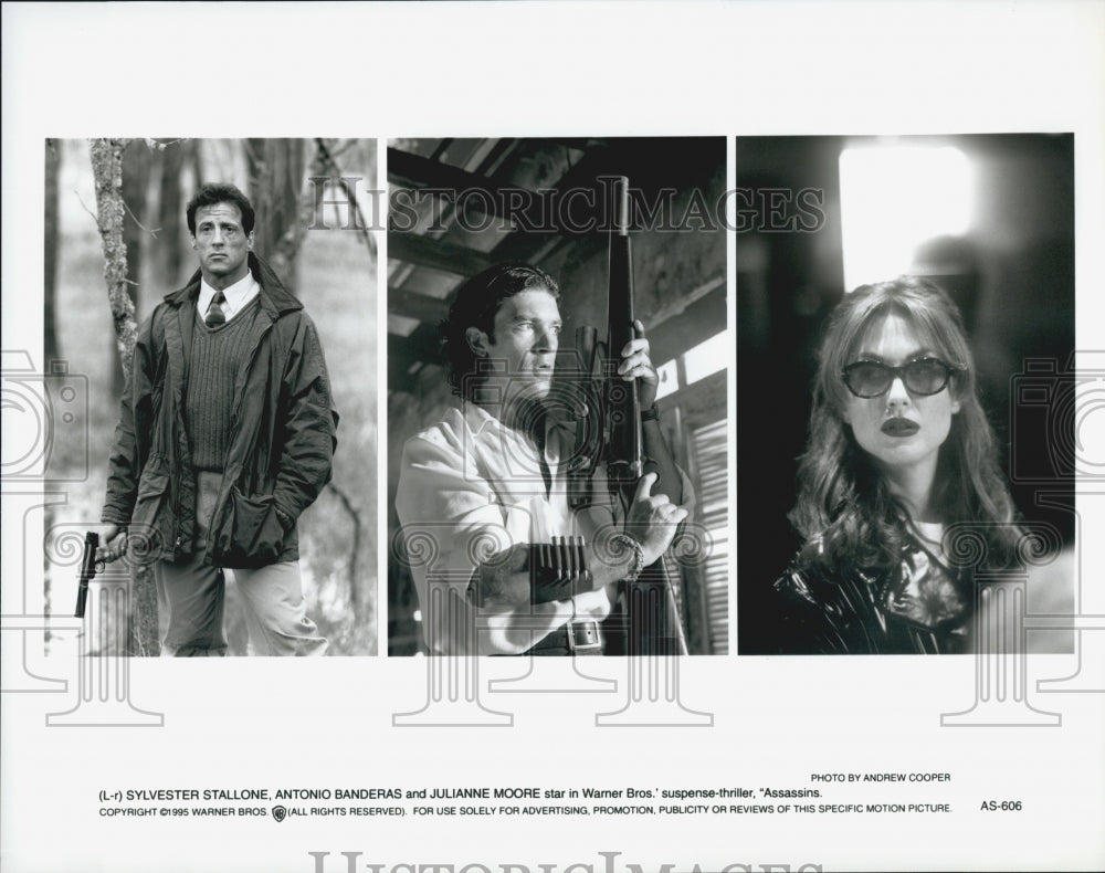 1995 Press Photo  "Assassins" Sylvester Stallone, Antonio Banderas,J Moore - Historic Images