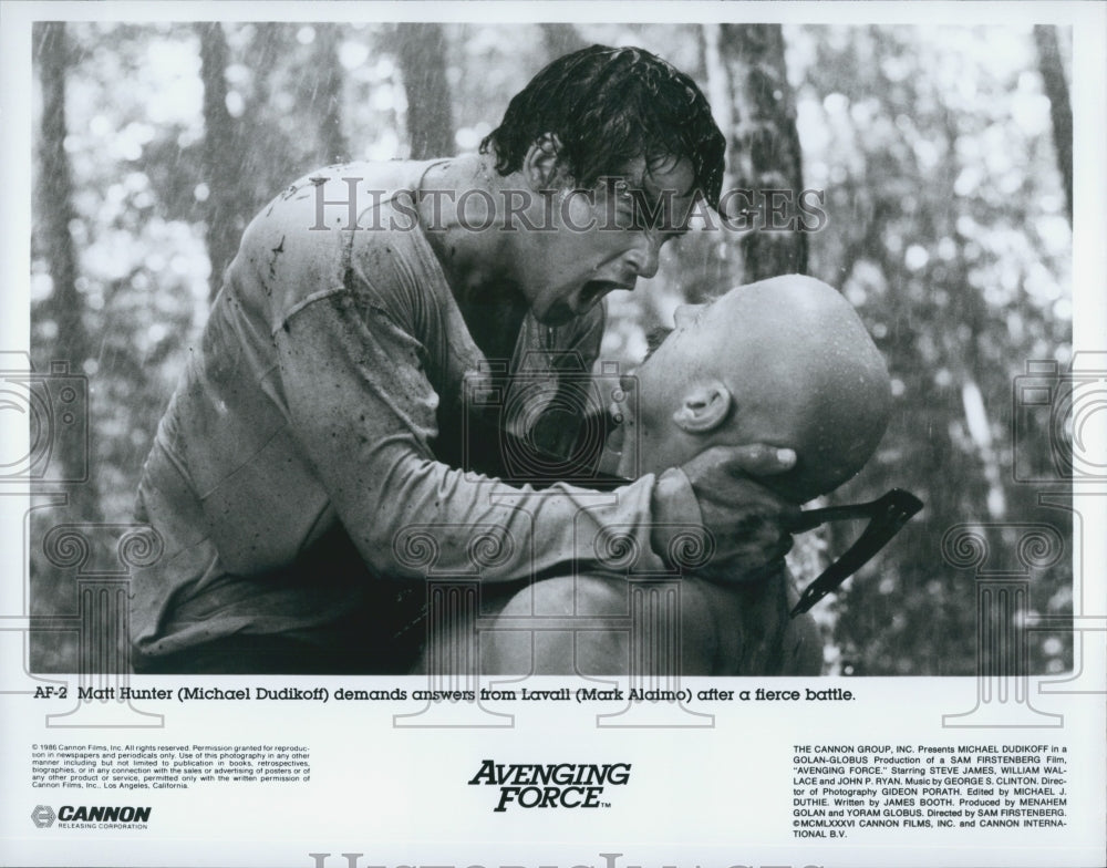 1986 Press Photo Michael Dudikoff, Mark Alaimo &quot;Avenging Force&quot; - Historic Images