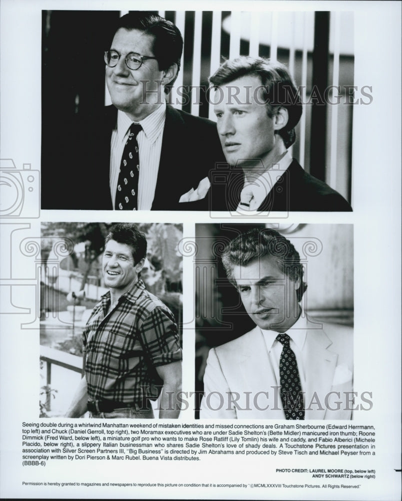 1988 Press Photo Herrmann, Gerroll, Ward and Placido in &quot;Big Business&quot; - Historic Images