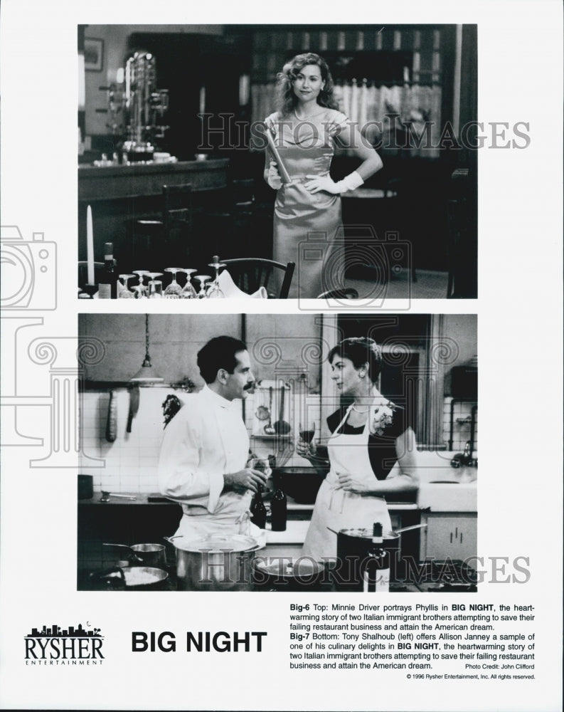 1996 Press Photo Minnie Driver, Tony Shalhoub, Allison Janney In "Big Night" - Historic Images