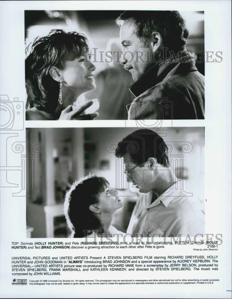 1989 Press Photo Holly Hunter, Richard Dreyfuss, Brad Johnson In Film "Always" - Historic Images