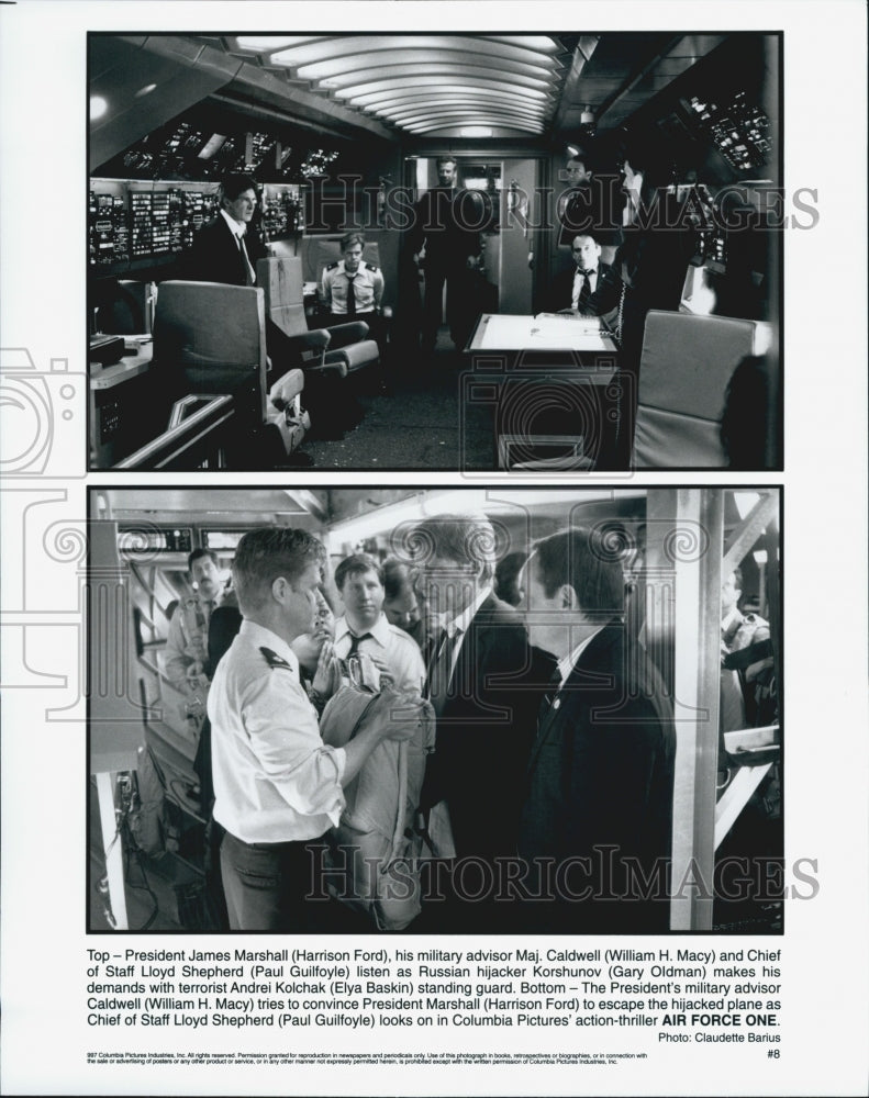 1997 Press Photo  Harrison Ford,Wm H Macy, Gulifoyle,Oldman in "Air Force One" - Historic Images
