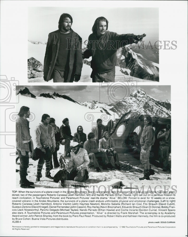 1992 Press Photo Actors Josh Hamilton, Ethan Hawke, John Haymes Newton &quot;Alive&quot; - Historic Images