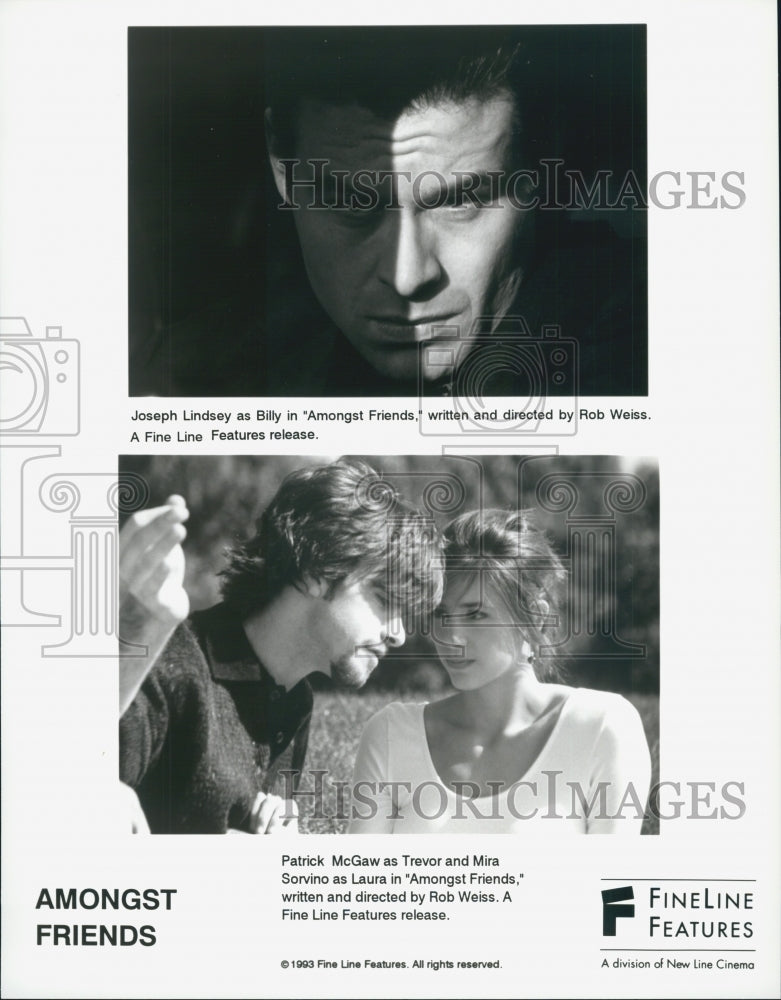 1993 Press Photo  "Amongst Friends" Patrick McGaw & Mira Sorvino,Joseph Lindsey - Historic Images