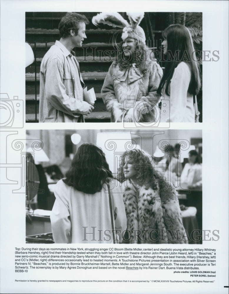 1988 Press Photo Bette Midler, Barbara Hershey and John Heard in "Beaches" - Historic Images