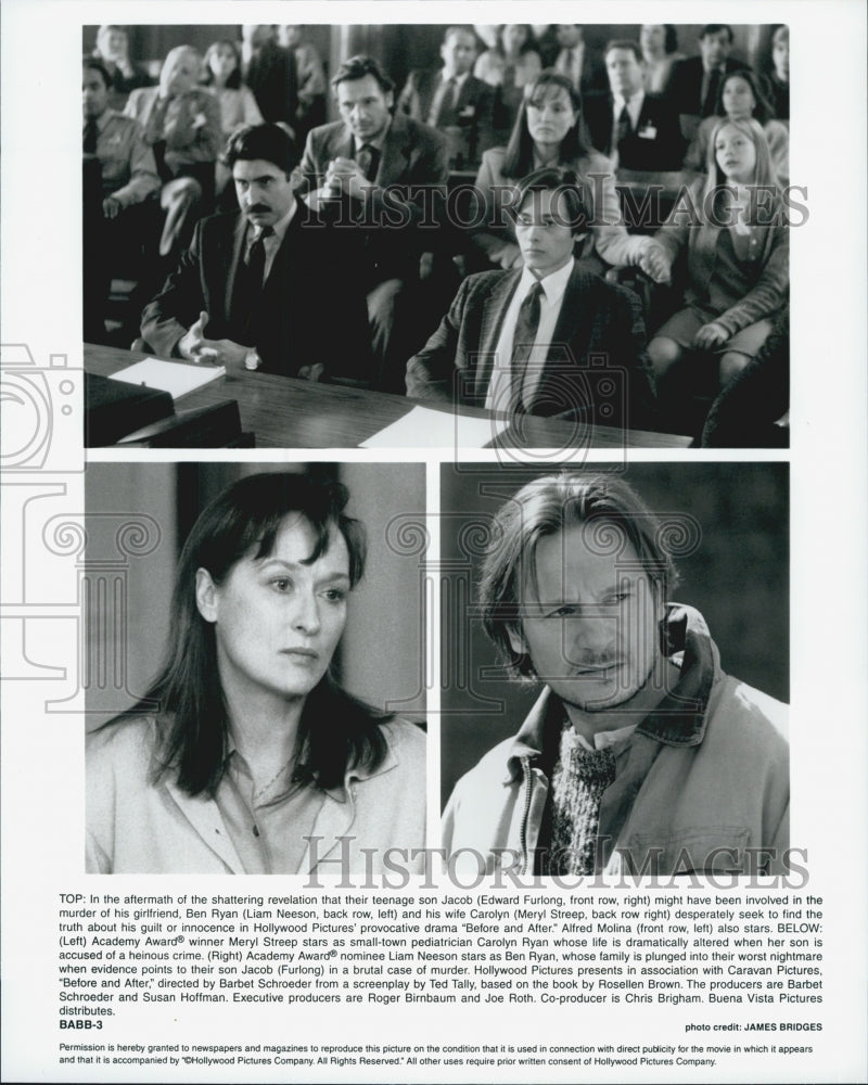 1996 Press Photo Liam Neeson, Meryl Streep, E. Furlong &quot;Before and After&quot; - Historic Images