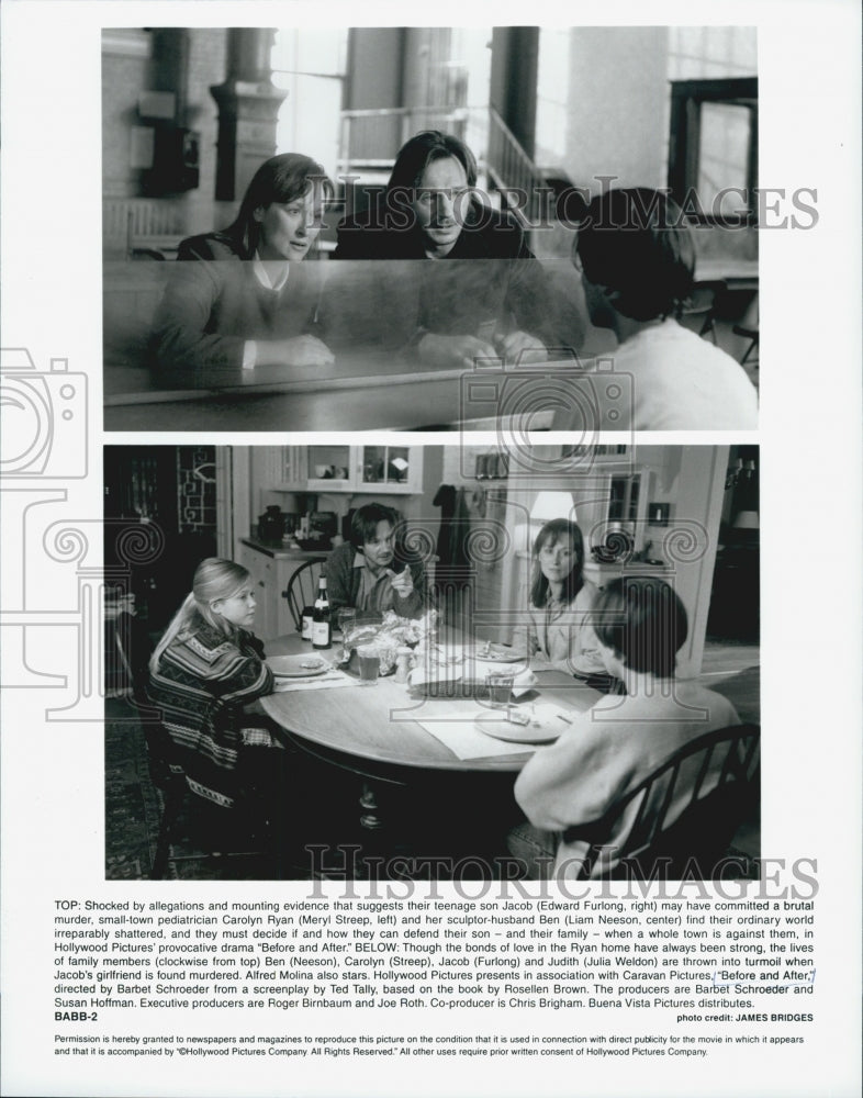 1996 Press Photo Edward Furlong, Meryl Streep, Liam Neeson in "Before & After" - Historic Images