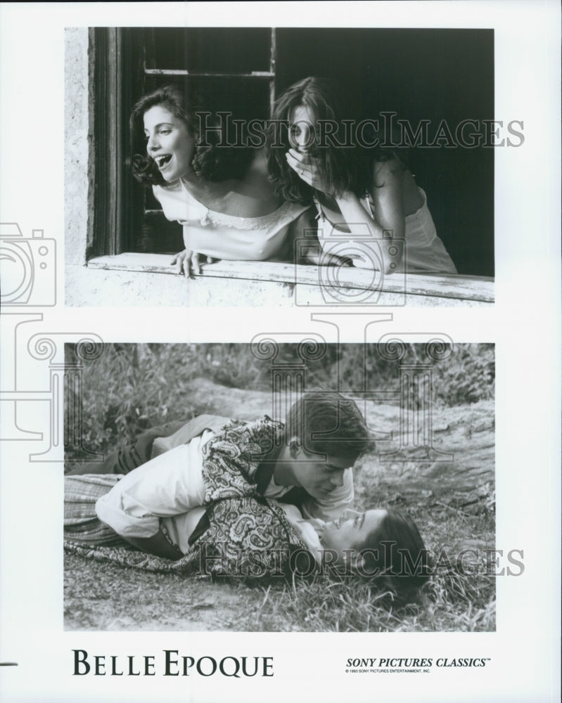 1993 Press Photo Maribel Verdu, Penelope Cruz and Jorge Sanz in "Belle Epoque" - Historic Images