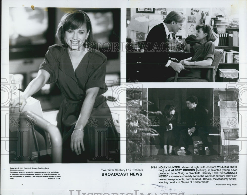 1987 Press Photo Holly Hunter, William Hurt, Albert Brooks in "Broadcast News" - Historic Images