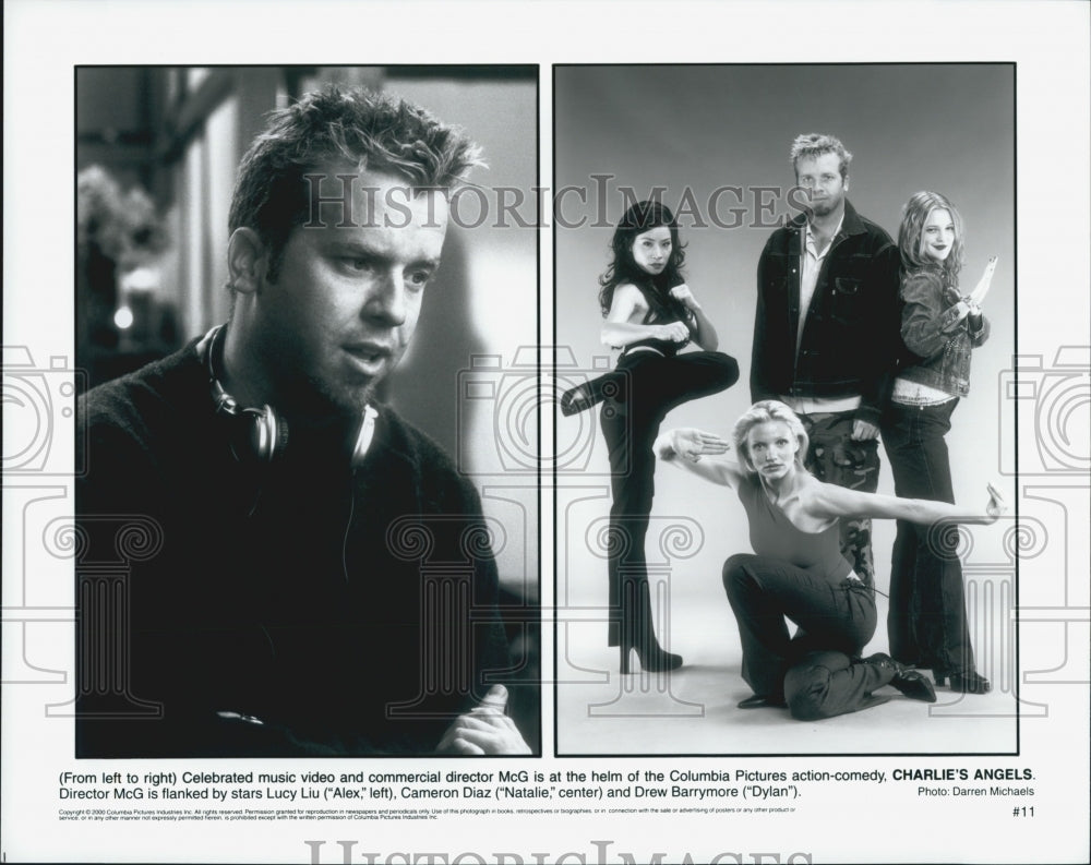 2000 Press Photo &quot;Charlie&#39;s Angel&quot; director McG with Lucy Liu, Cameron Diaz - Historic Images