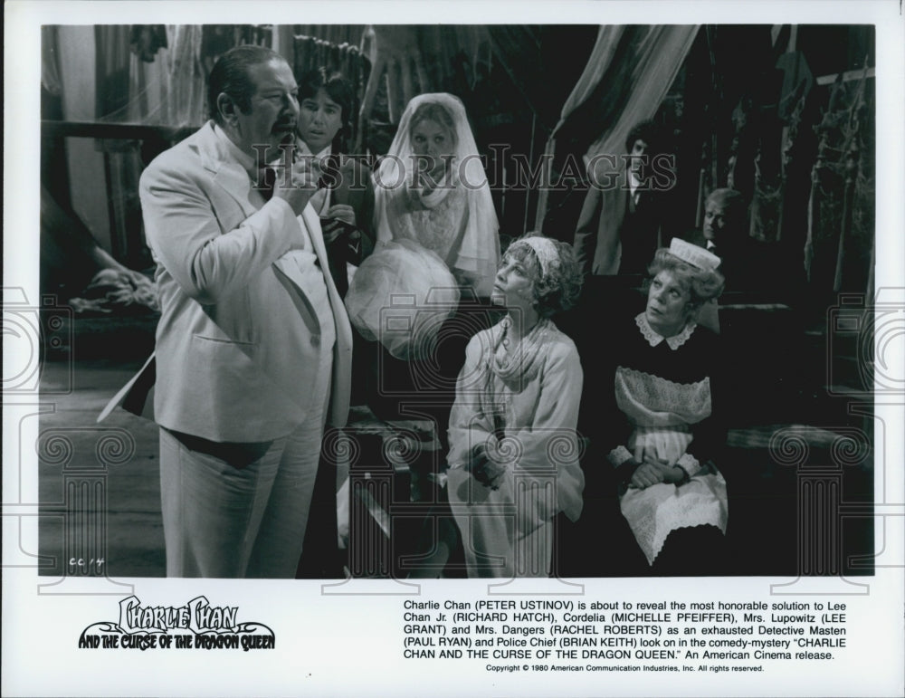 1980 Press Photo Peter Ustinov, "Charlie Chan and the Curse of the Dragon Queen" - Historic Images