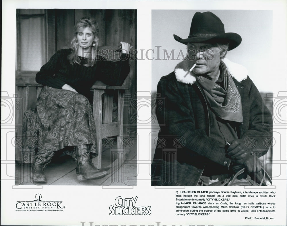 1991 Press Photo Actors Helen Slater And Jack Palance In Film "City Slickers" - Historic Images
