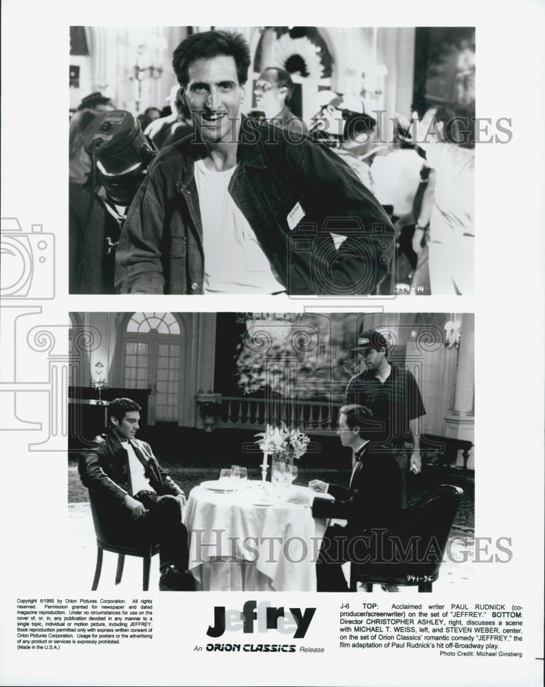 1995 Press Photo Paul Rudnick, Christopher Ashley, Steven Weber on Set "Jeffrey" - Historic Images