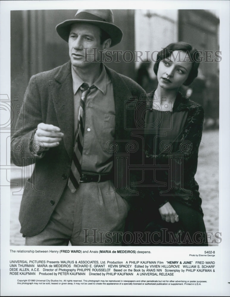 1990 Press Photo Fred Ward &amp; Maria de Medeiros Star In Henry &amp; June - Historic Images