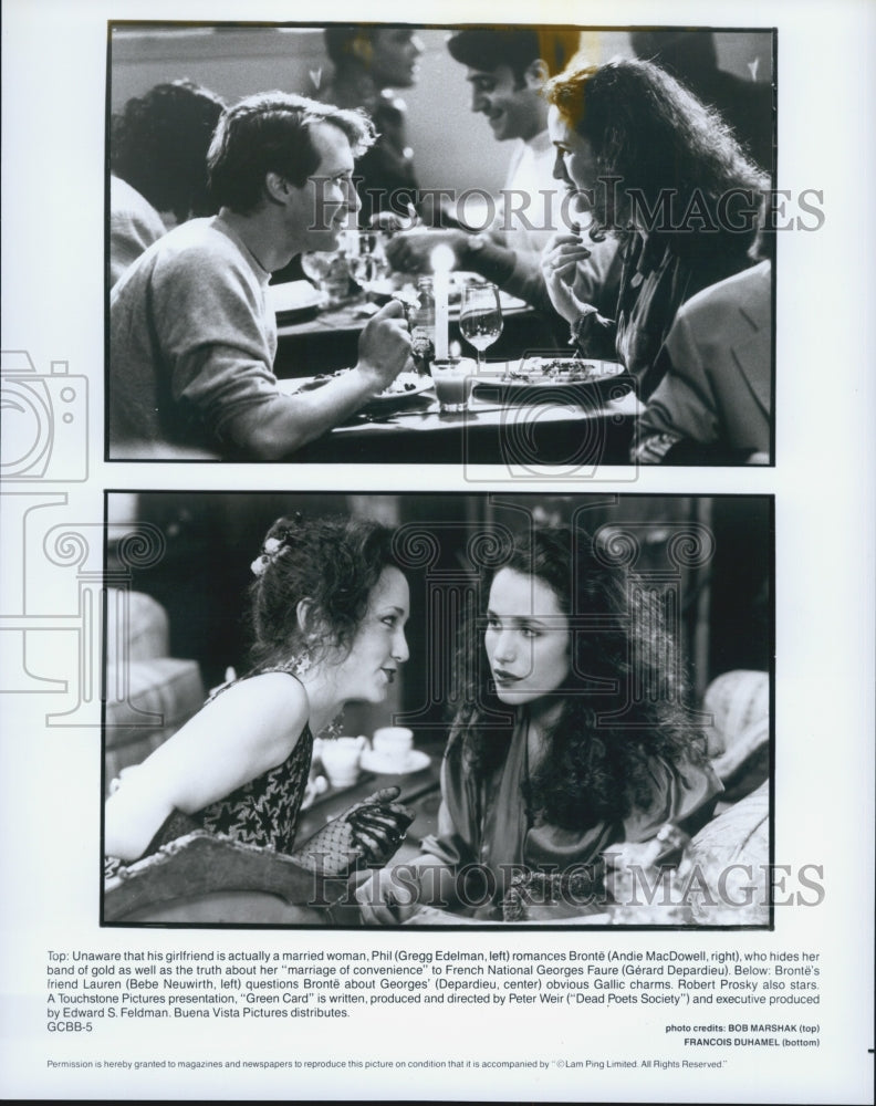 1990 Press Photo Greg Edelman, Andie MacDowell and Bebe Neuwirth in "Green Card" - Historic Images