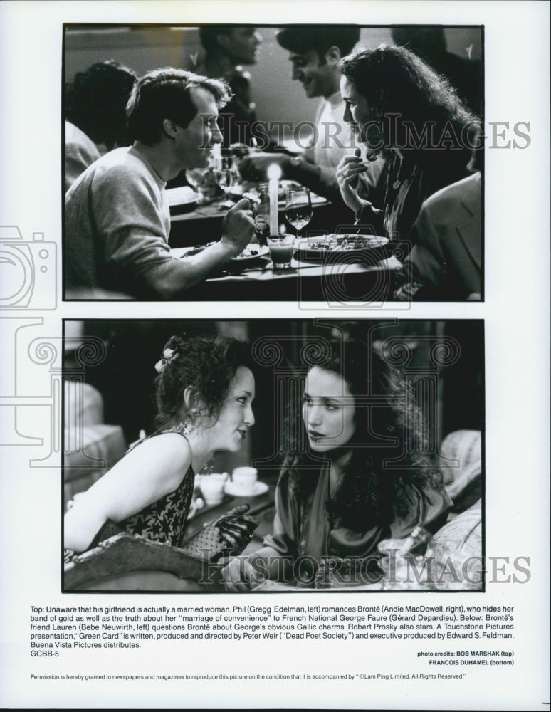 1990 Press Photo Gregg Edelman, Andie MacDowell & Bebe Neuwirth in "Green Card" - Historic Images