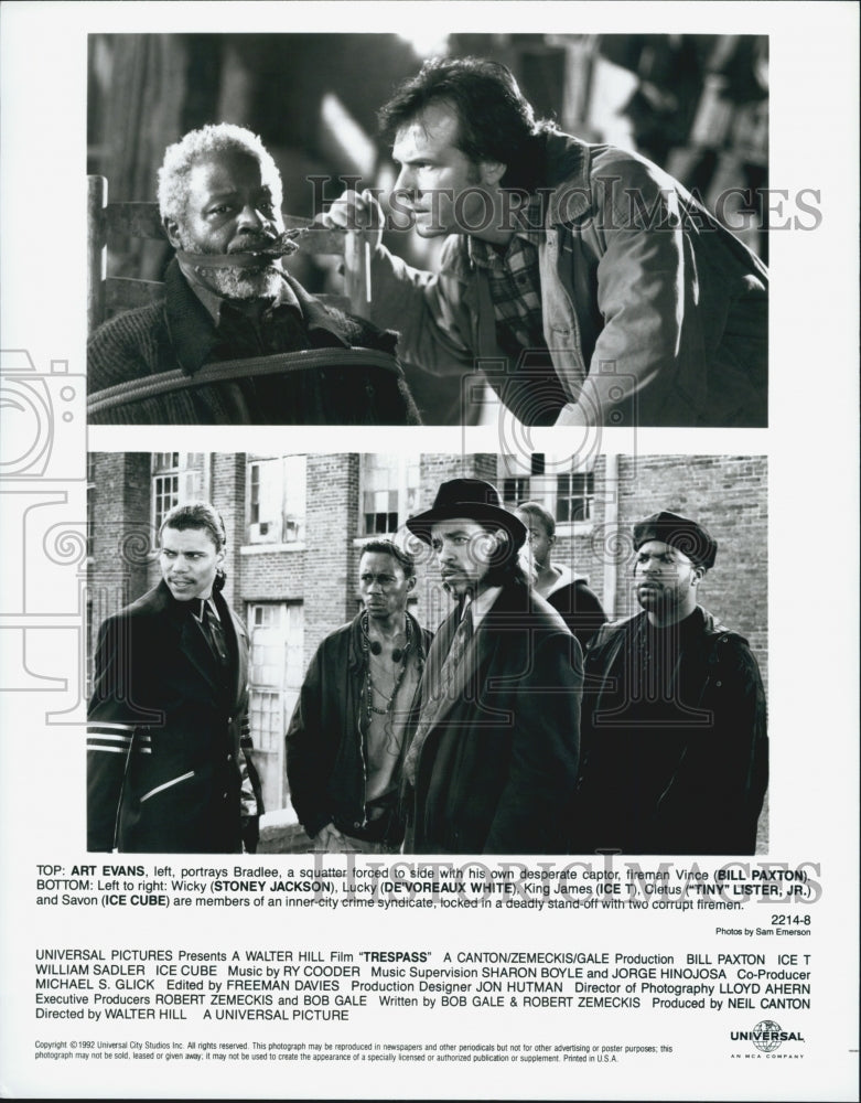 1992 Press Photo Art Evans, Bill Paxton and Stoney Jackson in "Trespass" - Historic Images