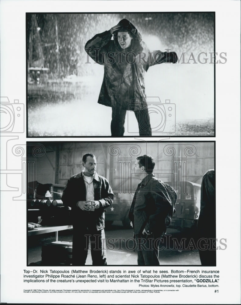 1998 Press Photo Matthew Broderick and Jean Reno Star in "Godzilla" - Historic Images