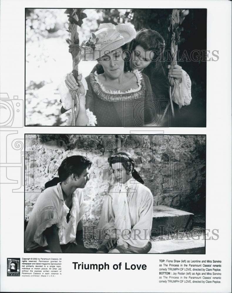 2002 Press Photo Fiona Shaw, Mira Sorvino, J. Rodan &quot;Triumph of Love&quot; - Historic Images