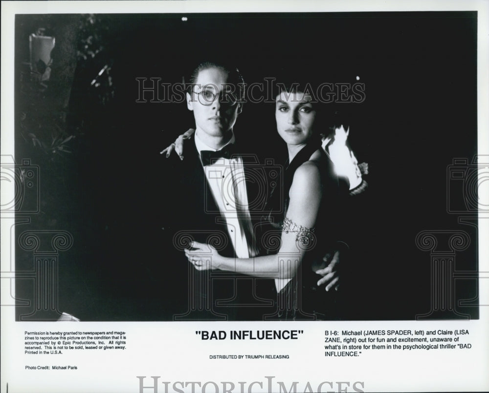 1990 Press Photo Actors James Spader And Lisa Zane Star In Film "Bad Influence" - Historic Images