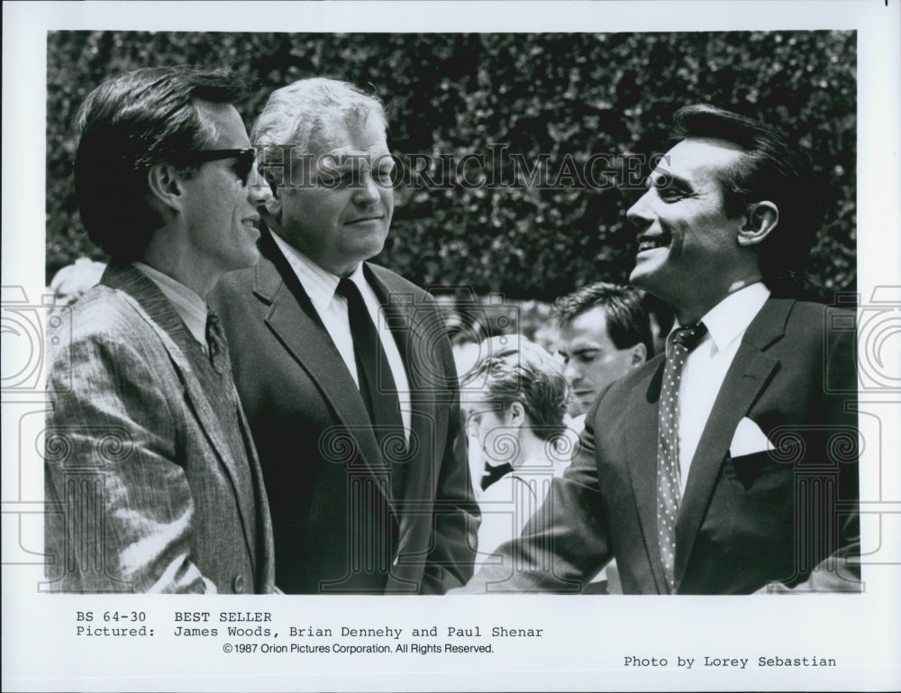 1987 Press Photo Actors James Woods, Brian Dennehy, Paul Shenar In &quot;Best Seller&quot; - Historic Images