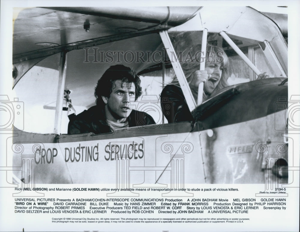 1990 Press Photo Mel Gibson and Goldie Hawn in "Bird on a Wire" - Historic Images