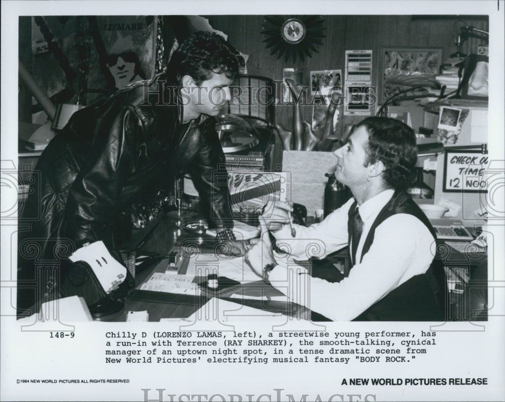 1984 Press Photo Lorenzo Lamas and Ray Sharkey in "Body Rock" - Historic Images