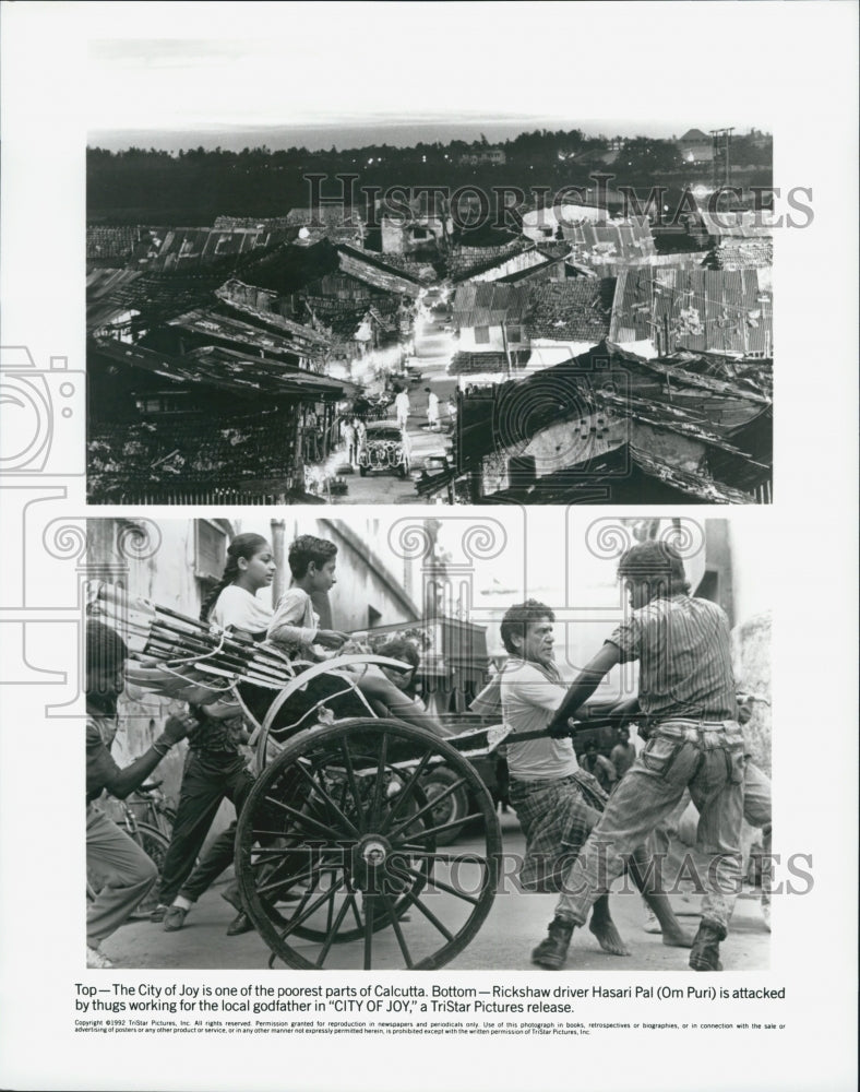 1992 Press Photo Om Puri attacked by thugs in Calcutta's "City of Joy" - Historic Images