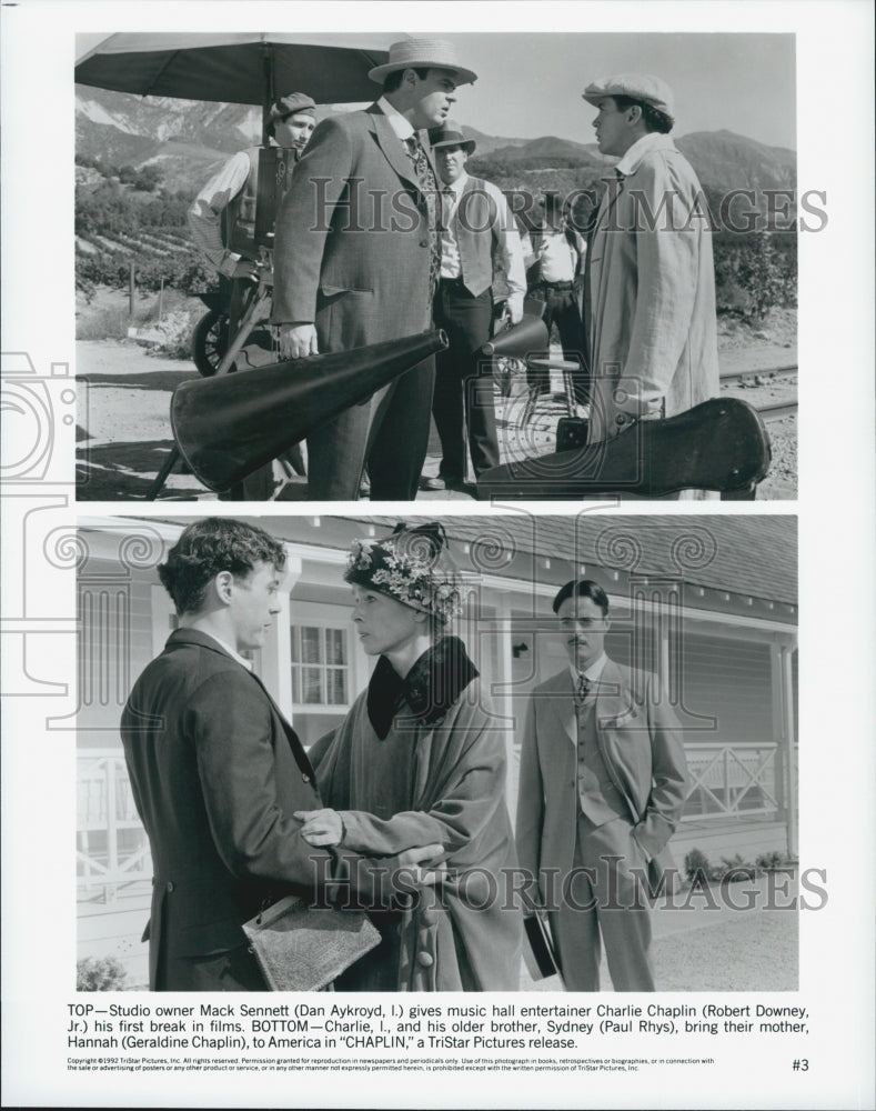1992 Press Photo Dan Aykroyd, Robert Downey & Paul Rhys in "Chaplin" - Historic Images