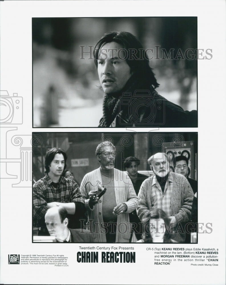 1996 Press Photo Keanu Reeves and Morgan Freeman in &quot;Chain Reaction&quot; - DFPG32127 - Historic Images