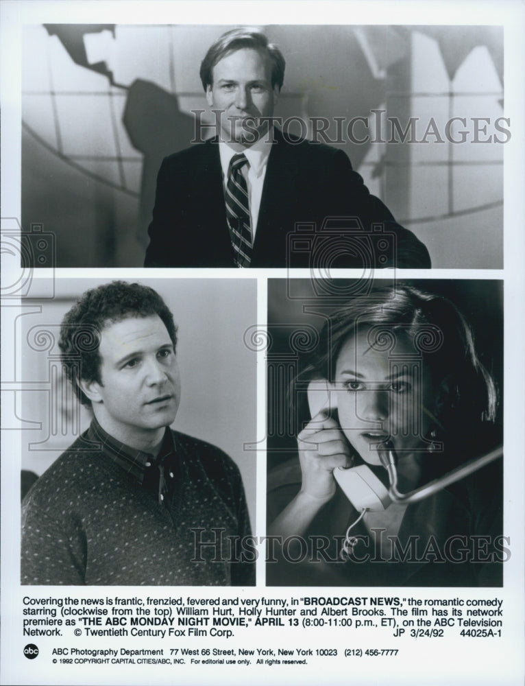 1992 Press Photo &quot;Broadcast News&quot; William Hurt, Holly Hunter,Albert Brooks - Historic Images