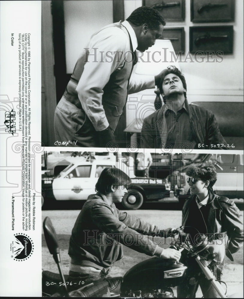 1986 Press Photo Paul Winfield Judd Nelson and Willard E. Pugh in "Blue City" - Historic Images