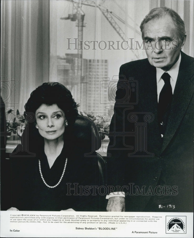 1979 Press Photo Audrey Hepburn and James Mason in &quot;Sidney Sheldon&#39;s Bloodline&quot; - Historic Images