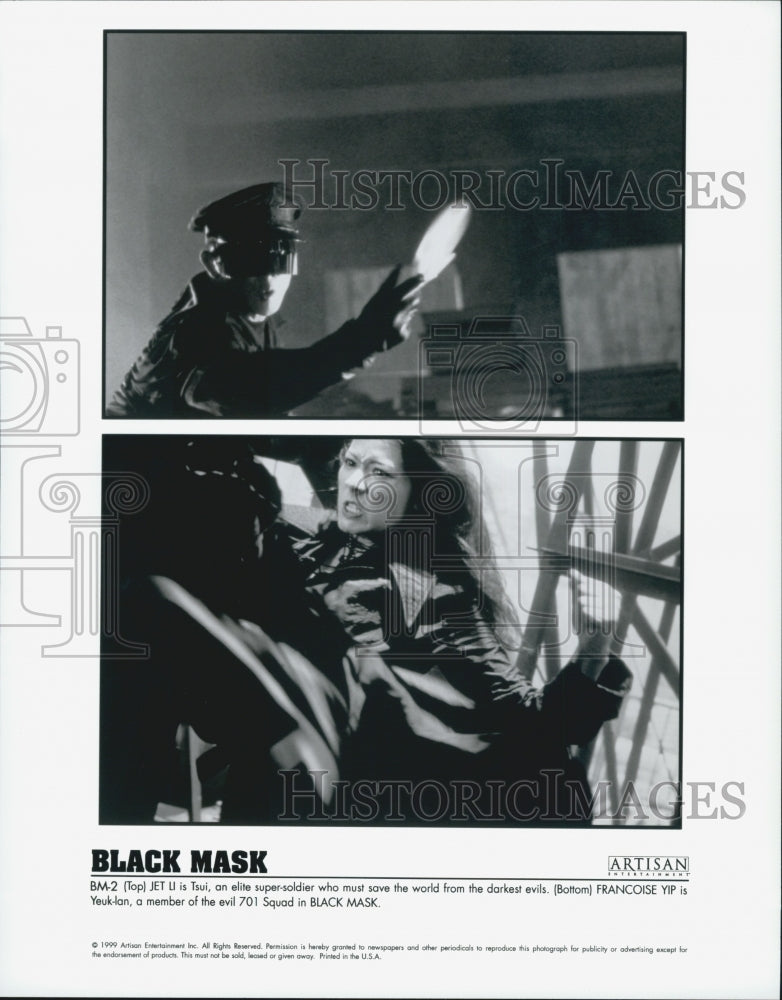 1999 Press Photo Jet Li as Super Soldier with Francoise Yip in &quot;Black Mask&quot; - Historic Images