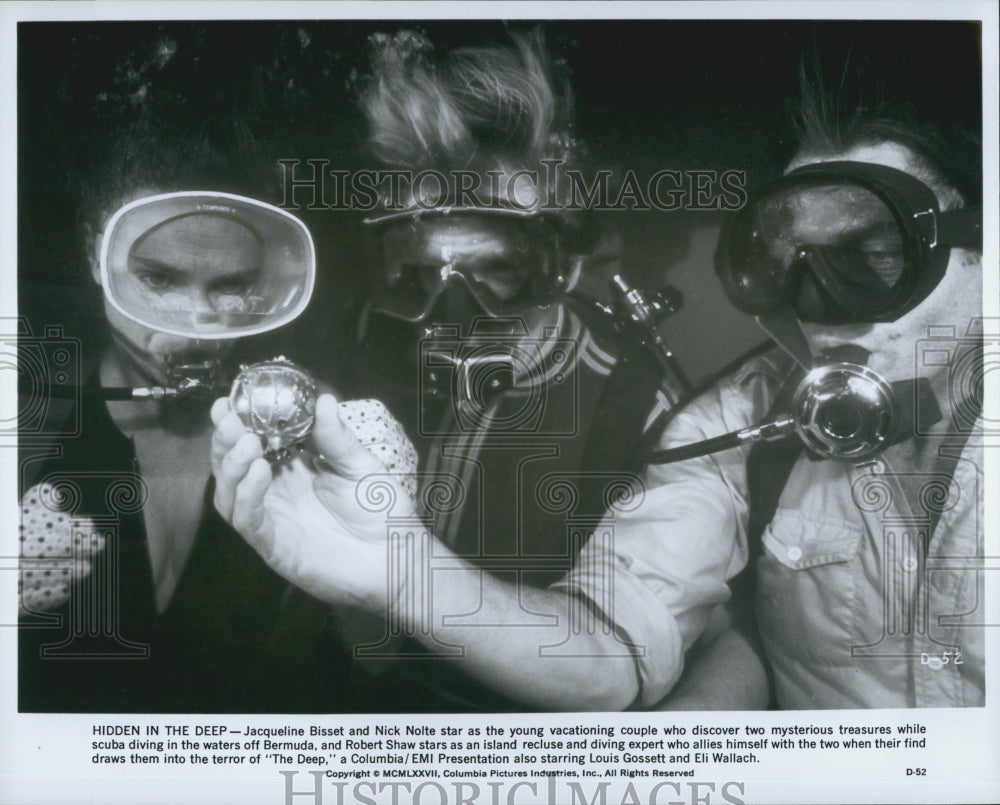1977 Press Photo Nick Nolte, Jacqueline Bisset, Robert Shaw "The Deep" - Historic Images