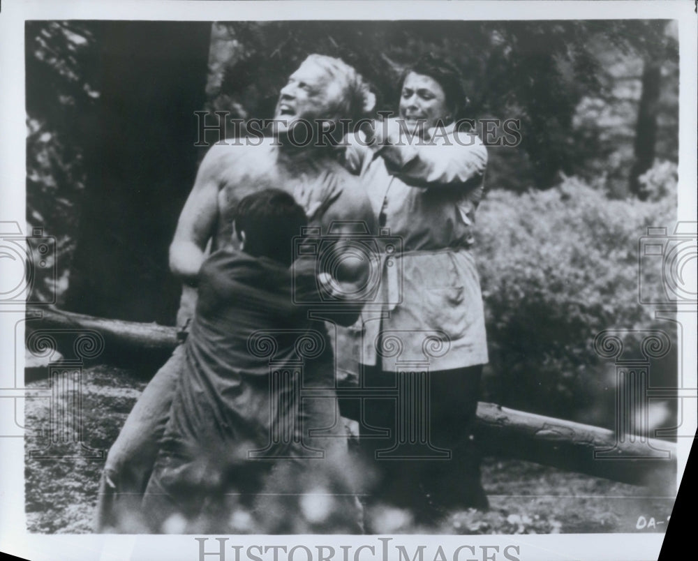 Press Photo Fight Scene with Actress, Small Boy And Actor Possilby in Carradine - Historic Images