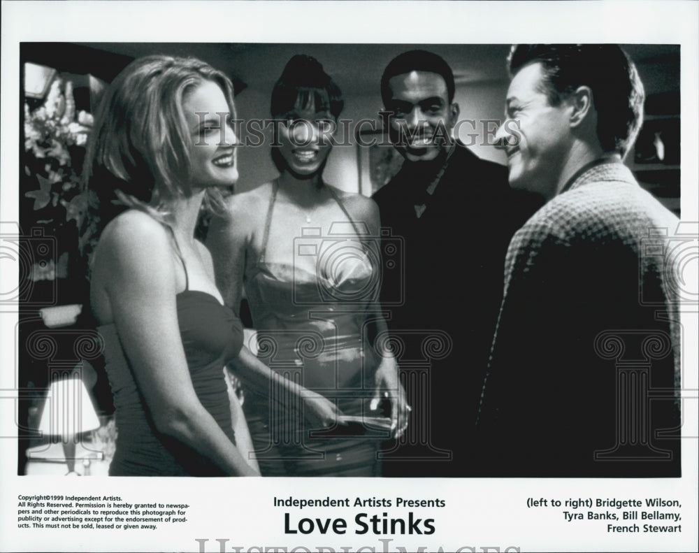 1999 Press Photo Bridgette Wilson, Tyra Banks, Bill Bellamy in &quot;Love Stinks&quot; - Historic Images