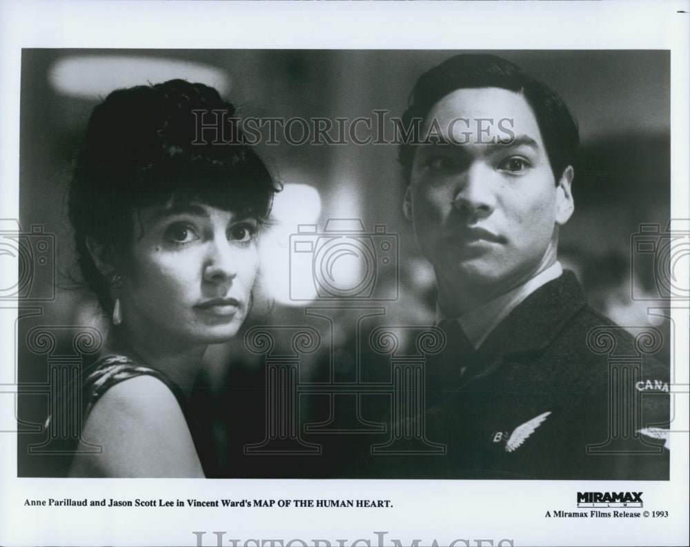 1993 Press Photo Anne Parillaud and Jason Scott Lee in &quot;Map of the Human Heart&quot; - Historic Images
