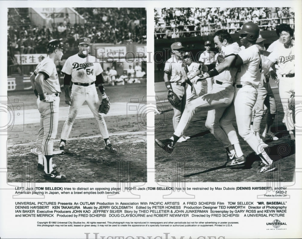 1992 Press Photo Tom Selleck &amp; Dennis Haysbert Star In Mr Baseball - Historic Images