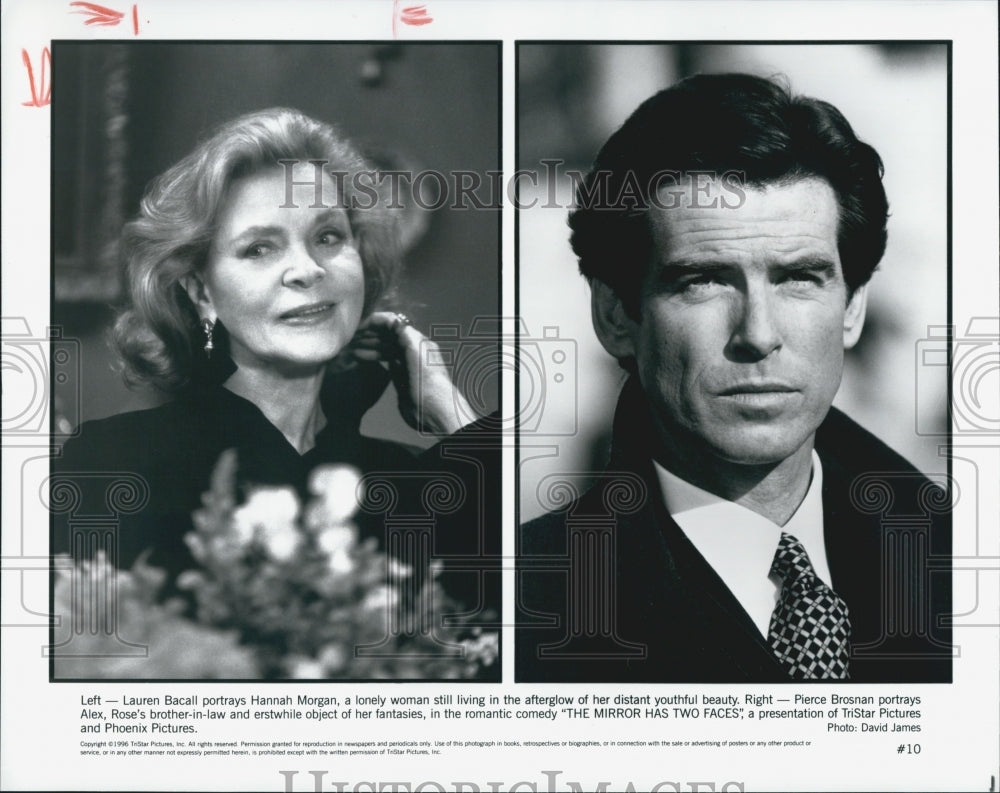 1996 Press Photo Lauren Bacall and Pierce Brosnan in &quot;The Mirror Has Two Faces&quot; - Historic Images