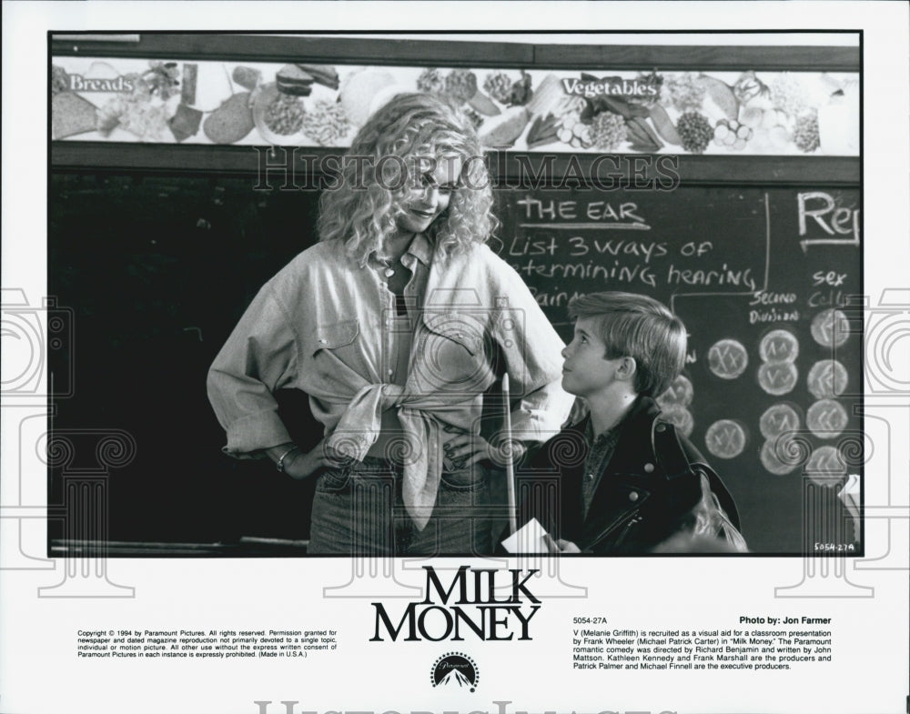 1994 Press Photo Melanie Griffith and Michael Patrick Carter in "Milk Money" - Historic Images