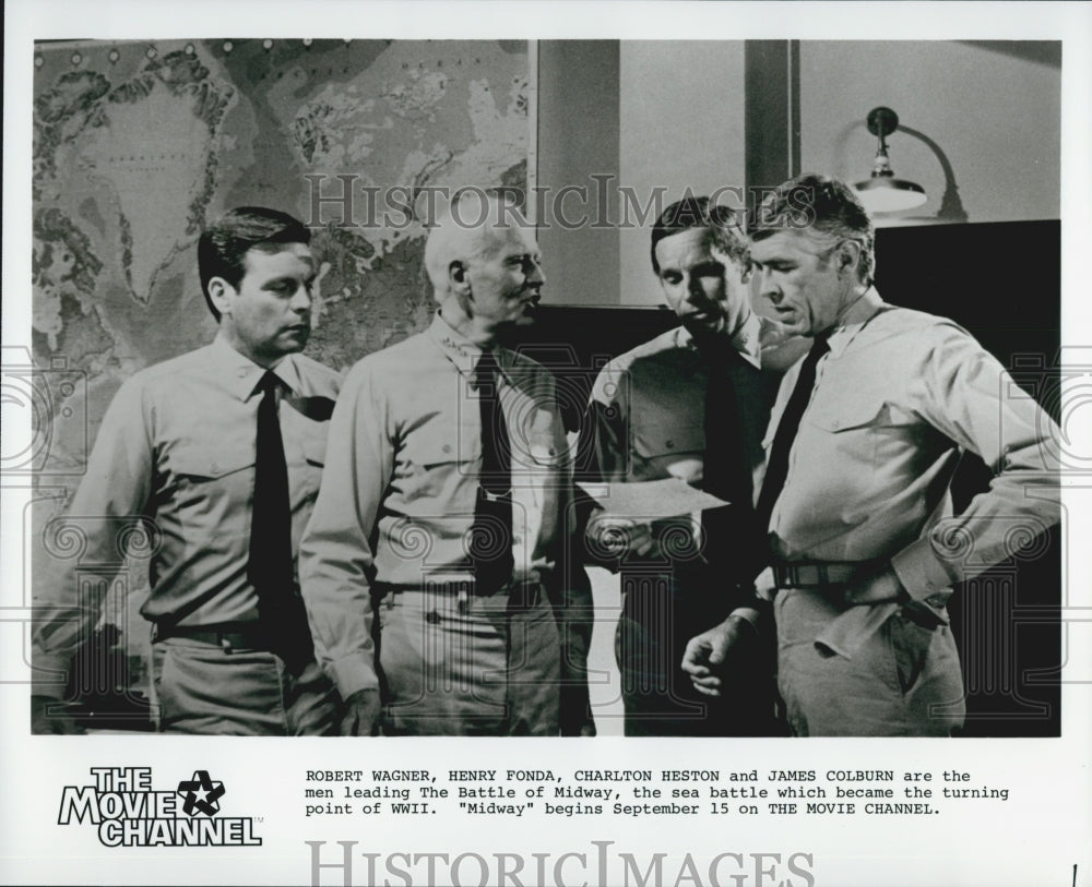 1976 Press Photo Robert Wagner, Henry Fonda, Charlton Heston in &quot;Midway&quot; - Historic Images