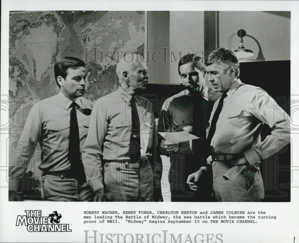 1976 Press Photo Robert Wagner, Henry Fonda, Charlton Heston in "Midway" - Historic Images