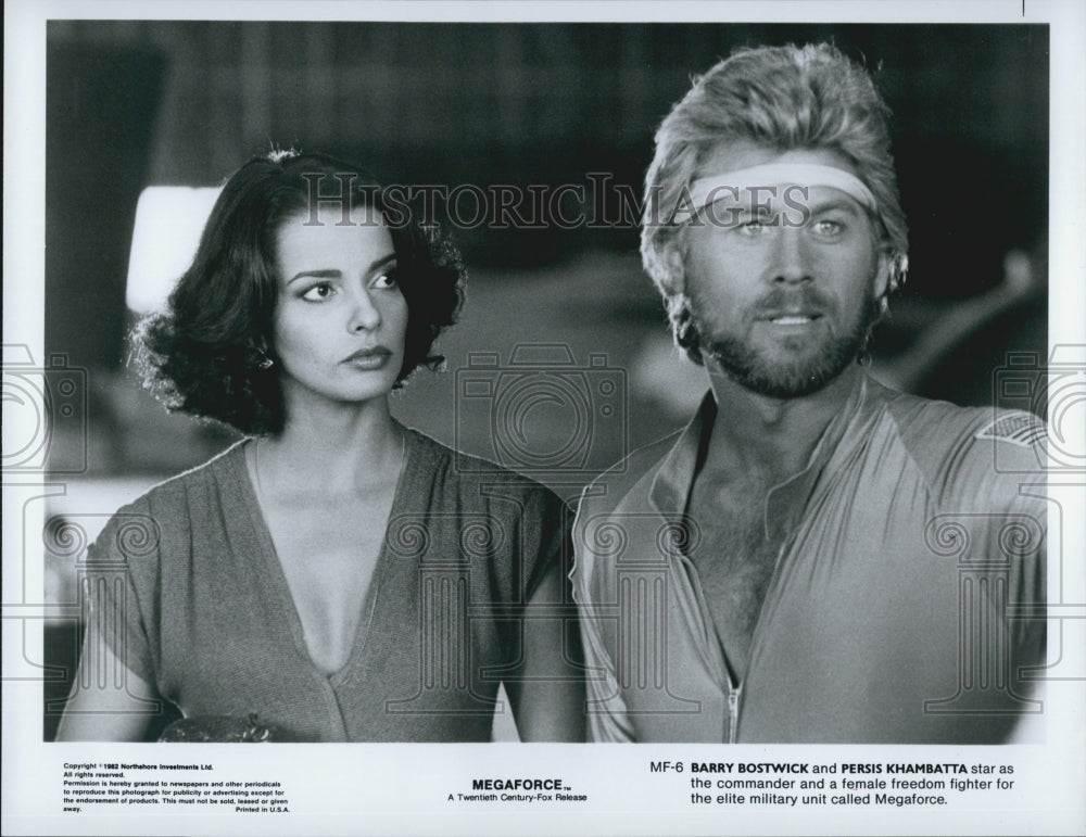 1982 Press Photo Actors Barry Bostwick and Persis Khambatta in "Megaforce" - Historic Images