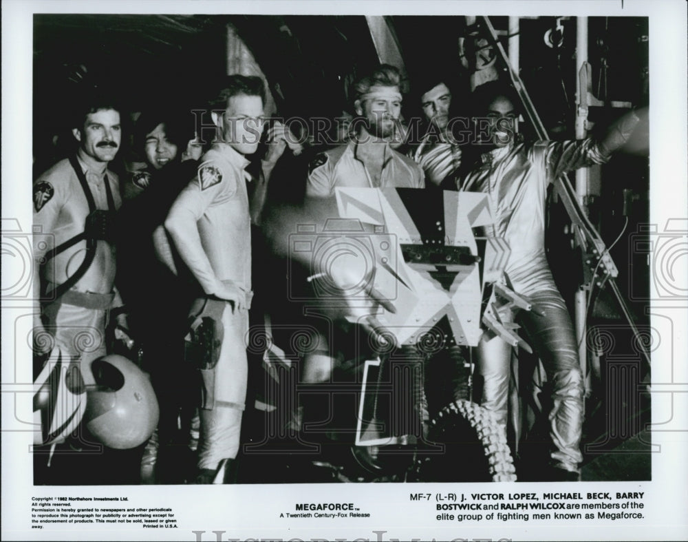 1982 Press Photo Actors Victor Lopez, Beck, Bostwick and Wilcox in "Megaforce" - Historic Images
