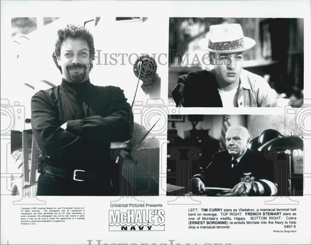 1997 Press Photo Tim Curry, French Stewart, Ernest Borgnine in &quot;McHale&#39;s Navy&quot; - Historic Images